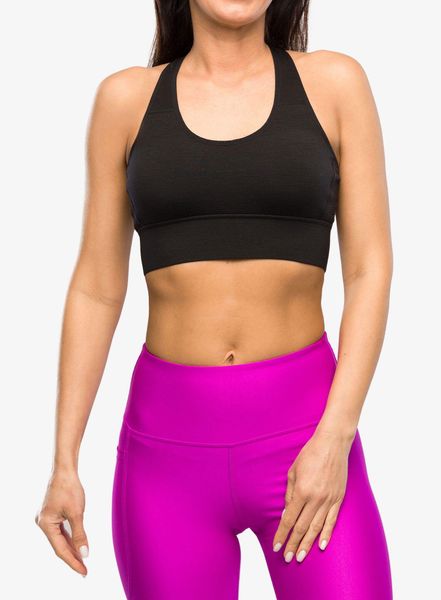 Stanik sportowy Mons Royale Stratos Merino Shift Sports Bra. Czarne biustonosze sportowe damskie Mons Royale, bez wzorów, z lycry. Za 274.42 zł.