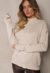 Jasnobeżowy Golf z Eleganckim Zapięciem na Ramieniu Ozdobiony Cyrkoniami przy Guzikach Maririna. Brązowe golfy damskie Renee, bez wzorów, z jeansu, bez ramiączek. Za 64.99 zł.
