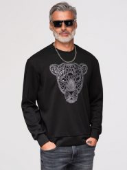 Bluza męska ze srebrno-czarną aplikacją pantery na klatce piersiowej z okrągłym dekoltem - czarna V1 - Rozmiar: L. Czarne bluzy bez kaptura męskie Ombre Clothing, l, z dzianiny. Za 425.99 zł.