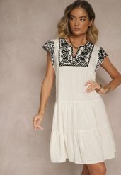 Beżowa Bawełniana Sukienka Boho Ozdobiona Haftami Eviriella. Brązowe sukienki damskie Renee, na co dzień, na lato, l, z aplikacjami, z bawełny, boho, bez kołnierzyka, bez ramiączek, midi. W wyprzedaży za 90.99 zł.