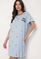 Niebieska Koszula Nocna z Bawełną w Kropki z Napisem Firasine. Niebieskie koszule nocne damskie Born2be, bez wzorów, z bawełny. Za 39.99 zł.