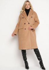 Beżowy Płaszcz o Dwurzędowym Kroju z Kieszeniami Sileti. Brązowe płaszcze damskie Born2be, l, bez wzorów, z jeansu, eleganckie. Za 179.99 zł.