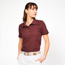 Koszulka polo do golfa z krótkim rękawem damska Inesis MW500. Brązowe bluzki damskie INESIS, m, bez wzorów, z bawełny, klasyczne, bez kołnierzyka, bez ramiączek. W wyprzedaży za 39.99 zł.