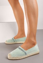 Jasnozielone Espadryle z Plecioną Podeszwą i Noskiem Effily. Zielone espadryle damskie Born2be, z aplikacjami, bez obcasa, na obcasie. Za 29.99 zł.