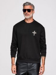 Bluza męska z aplikacją krzyża ze srebrnych kamieni z okrągłym dekoltem - czarna V1 - Rozmiar: M. Czarne bluzy bez kaptura męskie Ombre Clothing, m, z denimu. Za 379.99 zł.