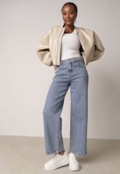 Niebieskie Jeansy o Szerokim Kroju z Lyocellem Bawełną i Wysokim Stanem Onisea. Niebieskie jeansy damskie Born2be, z podwyższonym stanem. Za 129.99 zł.