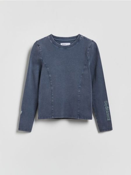 Koszulka z efektem sprania - granatowy. Niebieskie koszulki dziewczęce Reserved, bez wzorów, z bawełny, bez ramiączek. Za 39.99 zł.
