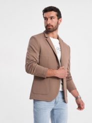 Męska marynarka z naszywanymi kieszeniami - ciemnobeżowa V3 OM-BLZB-0127 - XXL. Brązowe marynarki męskie Ombre Clothing, bez wzorów, z materiału. W wyprzedaży za 229.99 zł.