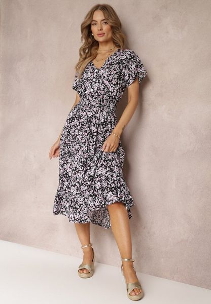 Czarna Bawełniana Sukienka z Guzikami Przy Dekolcie i Gumką w Pasie Grasita. Czarne sukienki damskie Renee, na co dzień, l, bez wzorów, z bawełny, klasyczne, bez kołnierzyka, bez ramiączek, midi. Za 49.99 zł.