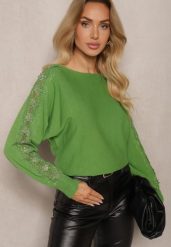 Zielony Sweter z Wiskozą z Cyrkoniami i Koronką na Rękawach Enarimia. Zielone swetry klasyczne damskie Renee, na wiosnę, m, z jeansu, bez kołnierzyka. Za 84.99 zł.