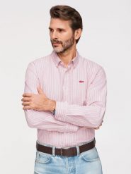 Bawełniana męska koszula REGULAR FIT w drobne paski – różowa V2 - Rozmiar: L. Czerwone koszule męskie Ombre Clothing, l, bez wzorów, z bawełny, bez kołnierzyka, bez ramiączek. Za 189.99 zł.
