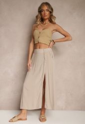 Ciemnobeżowa Rozkloszowana Spódnica z Wiskozy z Kieszeniami Galmira. Brązowe spódniczki damskie Renee, l, bez wzorów, z materiału, eleganckie, midi, rozkloszowane. Za 54.99 zł.