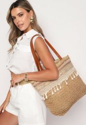 Brązowa Torebka Shopper z Plecionki Wykończona Chwostami Rivantiha. Brązowe shopper bag damskie Born2be, bez wzorów, z bawełny. Za 74.99 zł.