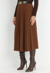 Brązowa Spódnica Plisowana z Paskiem Onie. Brązowe spódniczki damskie Born2be, bez wzorów, eleganckie, midi, koszulowe. Za 89.99 zł.