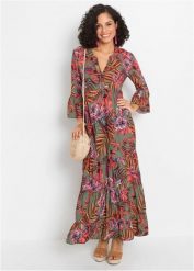 Długa sukienka z lejącej wiskozy. Zielone sukienki damskie bonprix, na lato, bez wzorów, z wiskozy, bez kołnierzyka, bez ramiączek, maxi. Za 169.99 zł.