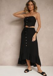 Czarna Spódnica z Przedłużonym Tyłem Zdobiona Falbanami i Guzikami Maleira. Czarne spódniczki damskie Renee, l, z aplikacjami, boho, midi, asymetryczne. Za 44.99 zł.