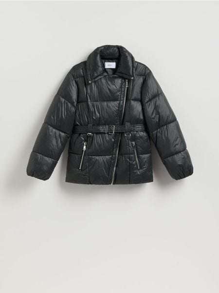 Pikowana kurtka z paskiem - szary. Szare kurtki damskie Reserved, l, bez wzorów, z tkaniny, bez kaptura. Za 359.99 zł.