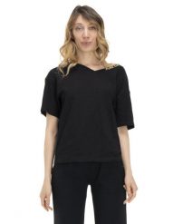 Damski T-shirt z dekoltem w kształcie litery V w kolorach ziemi. Czarne t-shirty damskie LEONE 1947 APPAREL, l, bez wzorów, z bawełny, bez kołnierzyka. Za 63.11 zł.