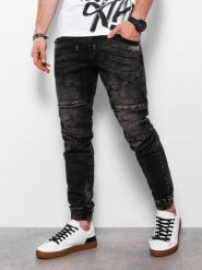 Spodnie męskie marmurkowe JOGGERY z ozdobnymi przeszyciami - czarne V2 OM-PADJ-0111 - L. Czarne spodnie materiałowe męskie Ombre Clothing, bez wzorów, z bawełny. W wyprzedaży za 69.99 zł.