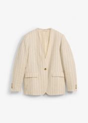 Żakiet bez kołnierzyka, z czystego lnu. Brązowe marynarki i żakiety damskie bonprix, bez wzorów, eleganckie. Za 129.99 zł.