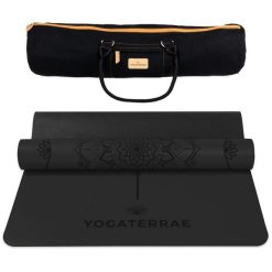 Czarna mata do jogi z PU i naturalnej gumy, MANDALA i linie ciała + torba. Czarne torebki klasyczne damskie YOGATERRAE, bez wzorów, bez dodatków. W wyprzedaży za 538.00 zł.