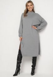 Szara Pudełkowa Sukienka z Wiskozą Ozdobiona Metaliczną Nicią Arfalea. Szare sukienki damskie Born2be, na co dzień, bez wzorów, z jeansu, eleganckie, bez kołnierzyka, bez ramiączek, midi, proste. W wyprzedaży za 103.99 zł.