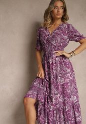 Ciemnoróżowa Rozkloszowana Sukienka z Bawełny Zdobiona Wzorem Paisley Folitea. Fioletowe sukienki damskie Renee, na spotkanie biznesowe, na wiosnę, l, z aplikacjami, z bawełny, bez kołnierzyka, bez ramiączek, maxi, rozkloszowane. Za 59.99 zł.