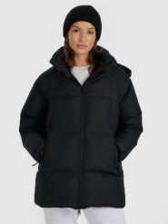 4F Kurtka puchowa z wypełnieniem naturalnym damska - czarna XXL. Czarne kurtki damskie 4f, na zimę, xxl, bez wzorów, z puchu, bez kaptura. Za 799.99 zł.