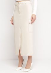 Jasnobeżowa Spódnica Maxi z Rozcięciem i Kopertowymi Kieszeniami Anefil. Brązowe spódniczki damskie Born2be, l, bez wzorów, eleganckie, maxi, kopertowe. Za 119.99 zł.