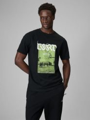 4F T-shirt regular z nadrukiem męski - czarny M. Czarne t-shirty męskie 4f, m, bez wzorów, z bawełny, bez kołnierzyka. Za 79.99 zł.