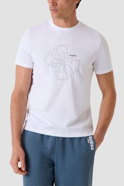 GUESS Biały bawełniany t-shirt męski na krótki rękaw z wyszywanym logo 4G Tiberio, Rozmiar M. Białe t-shirty męskie Guess, m, z aplikacjami, z bawełny, bez kołnierzyka. W wyprzedaży za 179.99 zł.