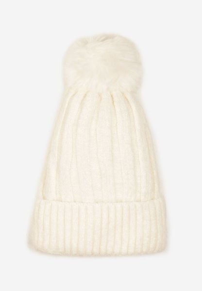 Jasnobeżowa Czapka z Prążkowanego Materiału z Pomponem Vamieska. Brązowe czapki zimowe damskie Born2be, prążkowane. Za 34.99 zł.