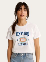 WOOOP Koszulka "Oxford Universite Running" w kolorze białym rozmiar: S. Białe bluzki damskie Wooop, s, bez wzorów, z bawełny, bez kołnierzyka, bez ramiączek. Za 56.99 zł.