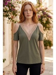 SOULSHAE Bluzka w kolorze khaki rozmiar: XXL/3XL. Brązowe bluzki damskie SOULSHAE, xl, bez wzorów, z wiskozy, bez kołnierzyka, bez ramiączek. Za 72.95 zł.