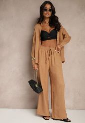 Ciemnobeżowy Komplet z Bawełny Koszula i Spodnie Wide Leg Amaddie. Brązowe koszule damskie Renee, bez wzorów, z bawełny, eleganckie. Za 74.99 zł.