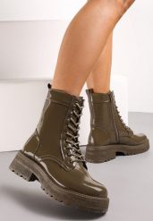 Zielone Botki Workery z Lakierowaną Cholewką Nouria. Zielone botki damskie Renee, z jeansu, eleganckie, bez obcasa, na obcasie, bez zapięcia. Za 99.99 zł.