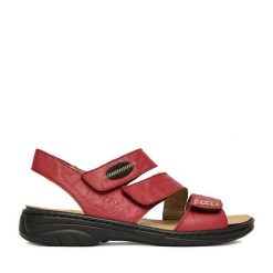 Sandały Rieker. Czerwone sandały damskie Rieker, bez wzorów, bez obcasa, na płaskiej podeszwie. Za 319.99 zł.