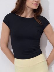 T-shirt z wycięciem na plecach - czarny. Czarne t-shirty damskie Reserved, l, bez wzorów, z dzianiny, bez kołnierzyka. Za 49.99 zł.