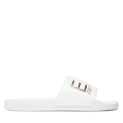 Klapki EA7 Emporio Armani. Białe klapki damskie EA7 Emporio Armani, bez wzorów, bez obcasa. Za 239.99 zł.
