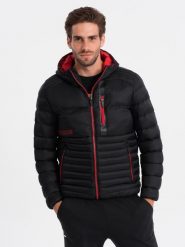 Kurtka męska pikowana z kapturem - czarna V3 OM-JALP-0120 - L. Czarne kurtki treningowe męskie Ombre Clothing, l, bez wzorów. W wyprzedaży za 79.99 zł.
