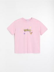 Bawełniana koszulka z nadrukiem Pokémon - różowy. Czerwone t-shirty damskie Sinsay, l, bez wzorów, z bawełny, bez kołnierzyka. Za 39.99 zł.