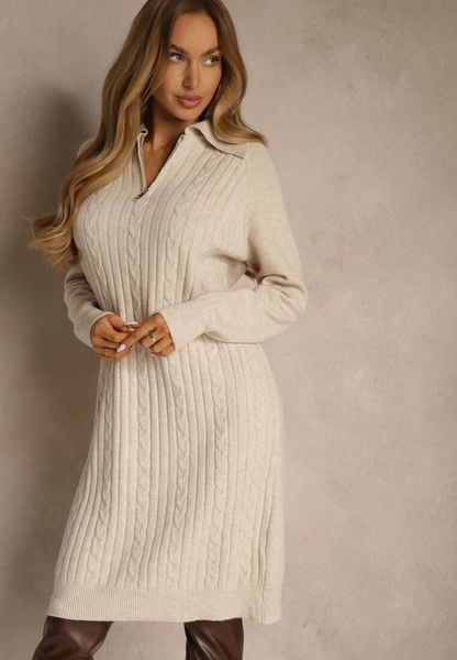 Jasnobeżowa Sweterkowa Sukienka z Bawełną i Wełną Ozdobiona Suwakiem Reinda. Brązowe sukienki damskie Renee, na co dzień, l, bez wzorów, z bawełny, bez kołnierzyka, bez ramiączek, midi, oversize. Za 89.99 zł.