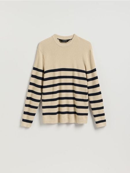 Strukturalny sweter w paski - beżowy. Brązowe swetry męskie Reserved, l, bez wzorów, z bawełny, bez kołnierzyka. Za 139.99 zł.
