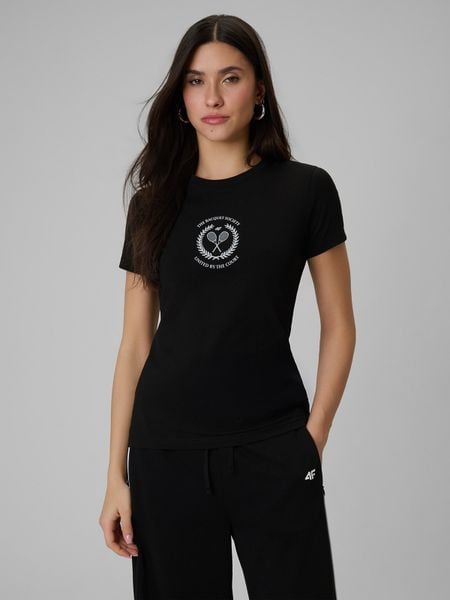 4F T-shirt slim z nadrukiem damski - czarny M. Czarne t-shirty damskie 4f, m, bez wzorów, z bawełny, bez kołnierzyka. Za 59.99 zł.