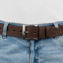 Pasek męski skórzany zamszowy skóra naturalna brązowy Beltimore W50 : Kolory - brązowy, beżowy, Rozmiar pasków - r.95-110 cm. Brązowe paski męskie bez wzorów, ze skóry. Za 59.90 zł.