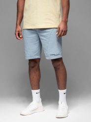 Dopasowane męskie krótkie spodenki dresowe z nadrukami – jasnoniebieskie V1 OM-SRSK-0138 - XXL. Niebieskie szorty męskie Ombre Clothing, l, z bawełny, na fitness i siłownię. W wyprzedaży za 69.99 zł.