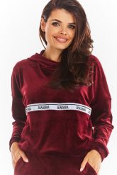 Welurowa Bluza Kangurka Logowaną Taśmą - Bordowa. Czerwone bluzy bez kaptura damskie Awama, l, z materiału. Za 201.90 zł.