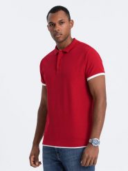 Bawełniana koszulka męska polo z kontrastowymi wykończeniami – czerwona V2 OM-POSS-0113 - XXL. Czerwone koszulki polo męskie Ombre Clothing, l, bez wzorów, z bawełny, bez ramiączek. Za 71.99 zł.