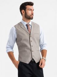 Kamizelka męska garniturowa z kołnierzem - beżowa V3 - Rozmiar: L. Brązowe kamizelki męskie Ombre Clothing, l, z poliesteru. W wyprzedaży za 119.99 zł.