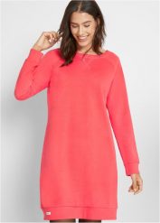 Sukienka dresowa z miękkiego materiału frotte. Czerwone sukienki damskie bonprix, bez wzorów, z dresówki, bez kołnierzyka, bez ramiączek. Za 77.99 zł.